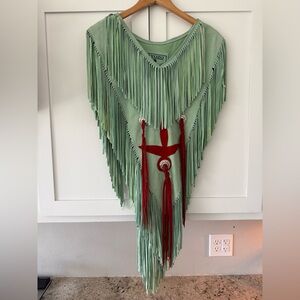 Ryozo Real Leather Western Boho Fringe Poncho Suede Thunderbird Top